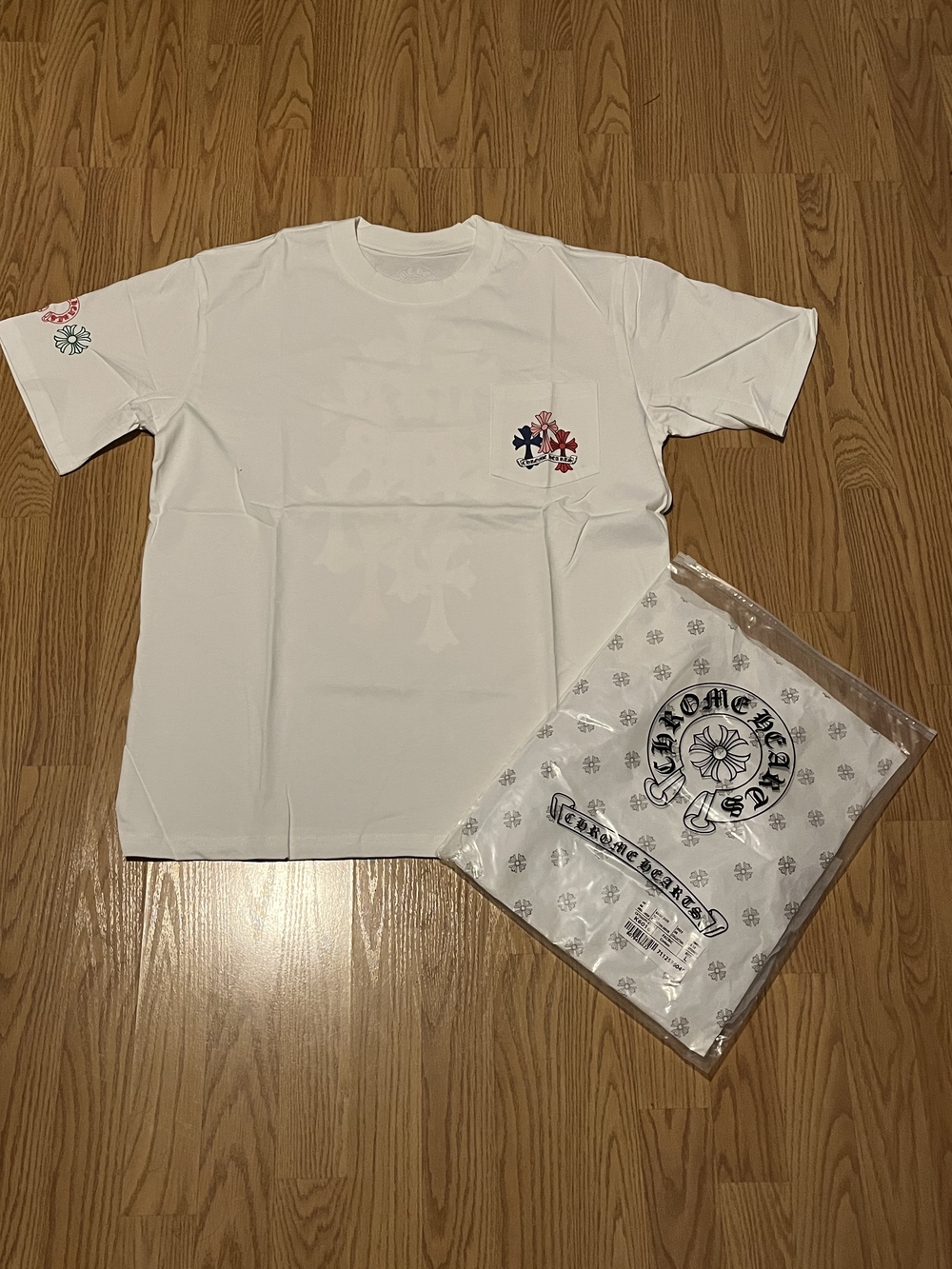 Chrome Hearts White Kids Pocket Tee with Red & Navy Cross Motif